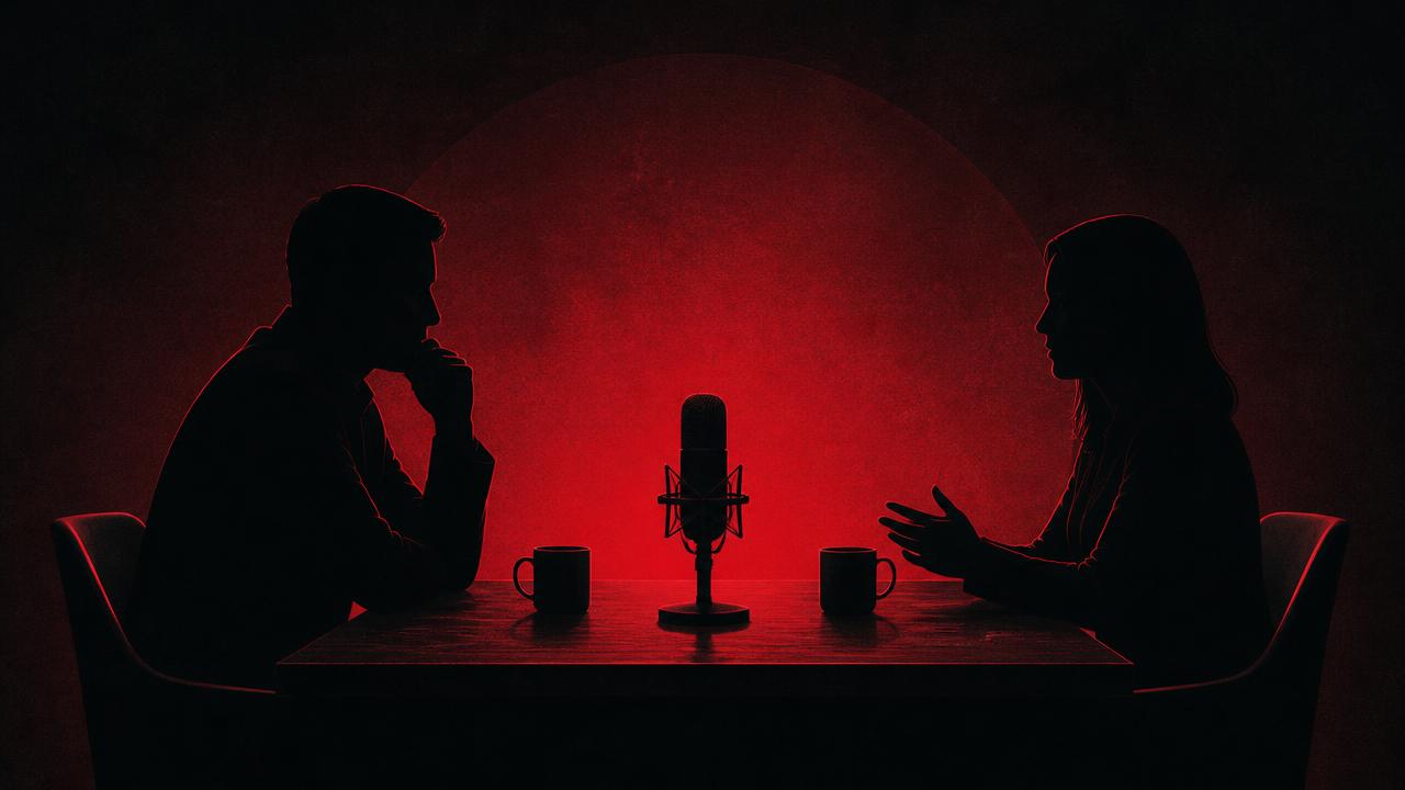 Two silhouetted people talking across a studio microphone